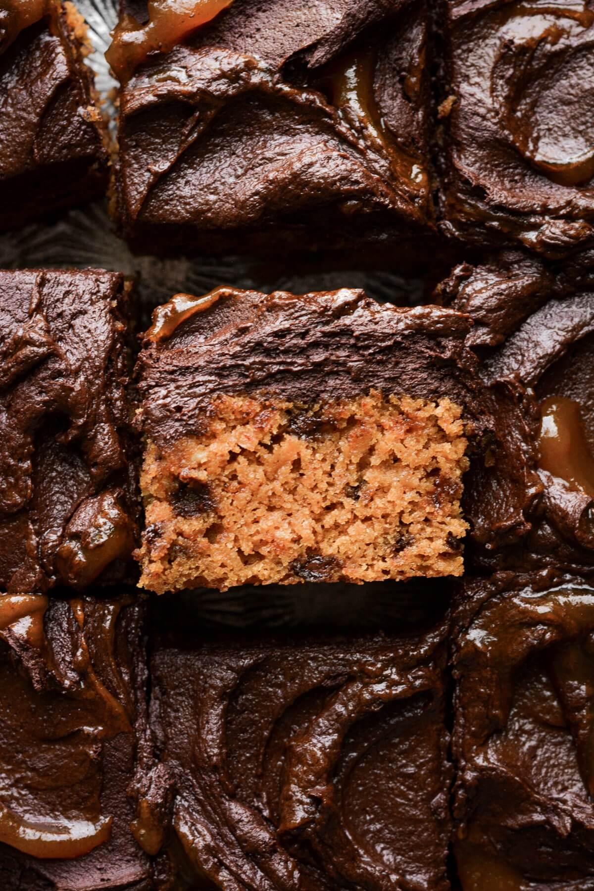 Pumpkin chocolate chip snack cake with chocolate frosting.