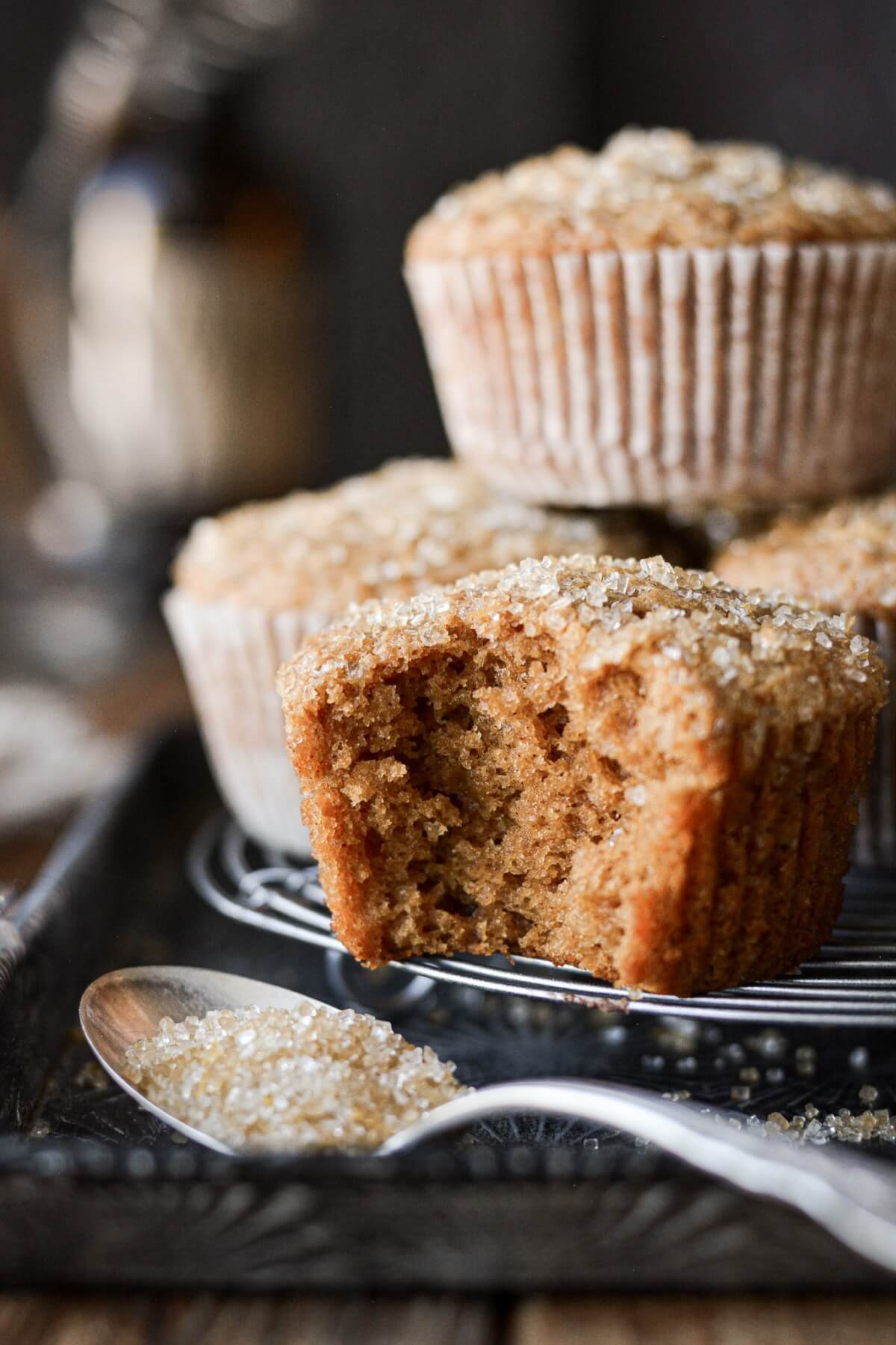 Gingerbread muffin with a bite taken.