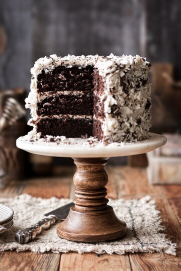 Chocolate coconut cake with a slice cut.