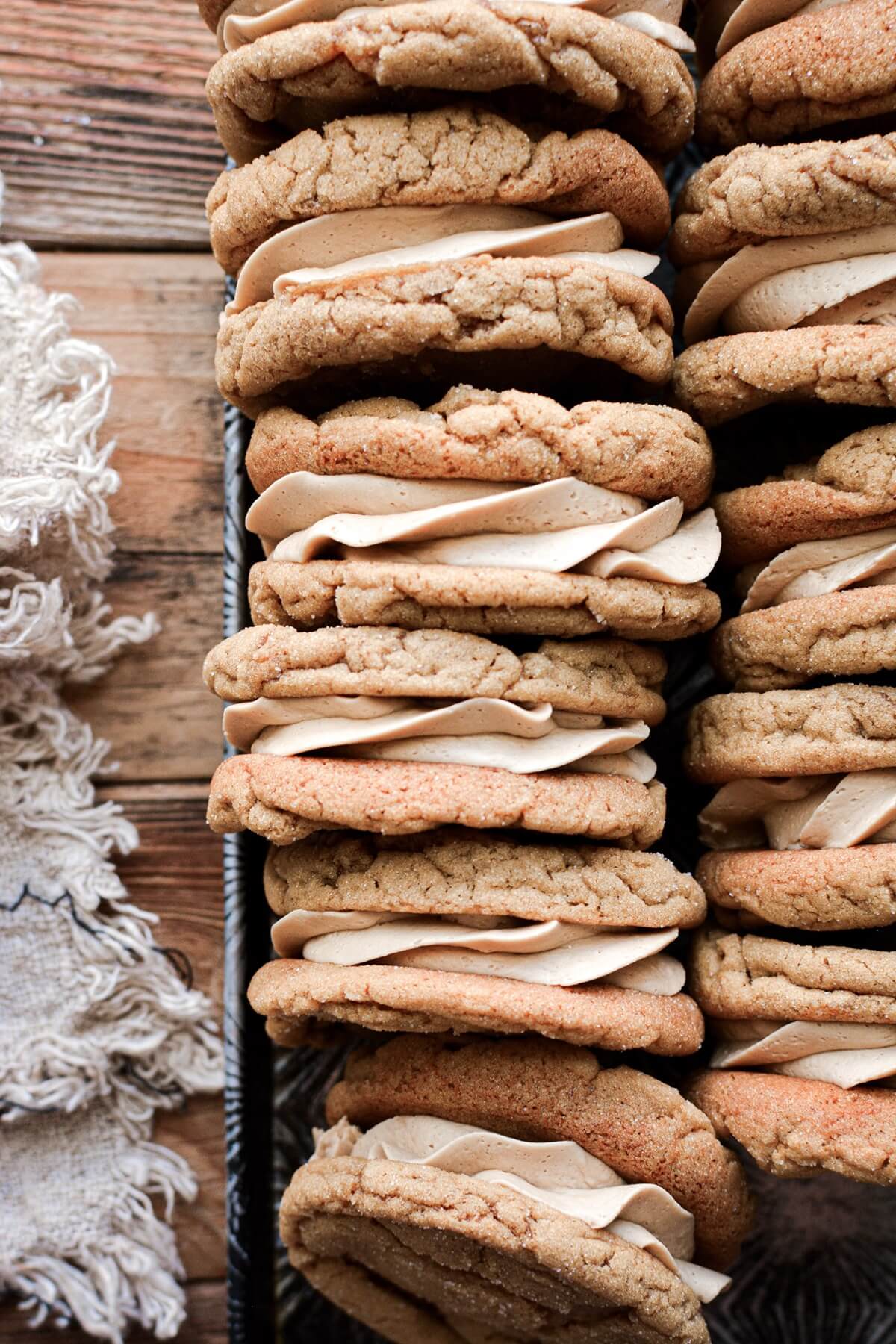 Soft ginger molasses cookies sandwiched with coffee buttercream.