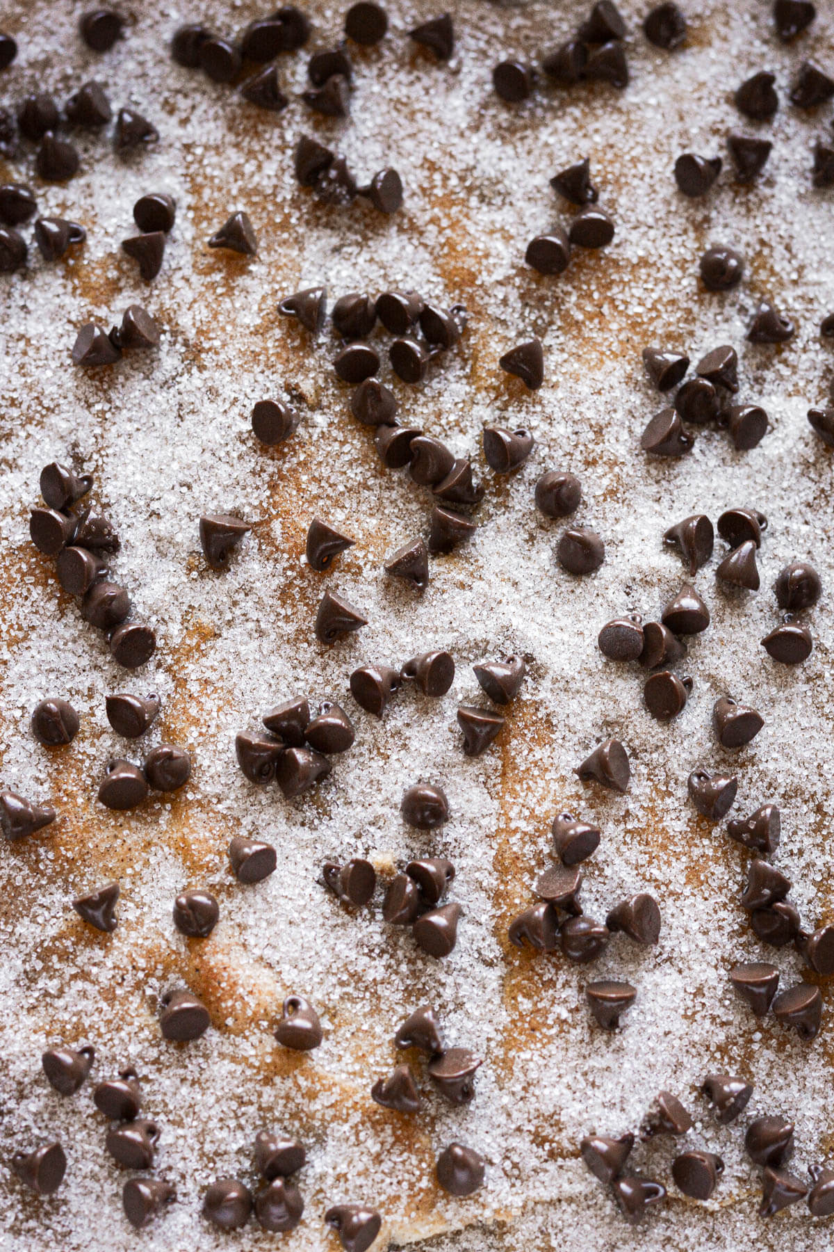 Chocolate chips and cinnamon sugar sprinkled over a cake.