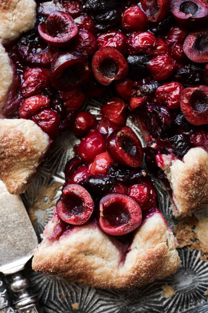 Cherry galette, with one slice cut.