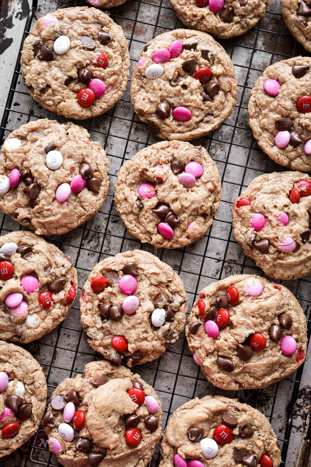 Monster cookies with pink, red and white m&ms.