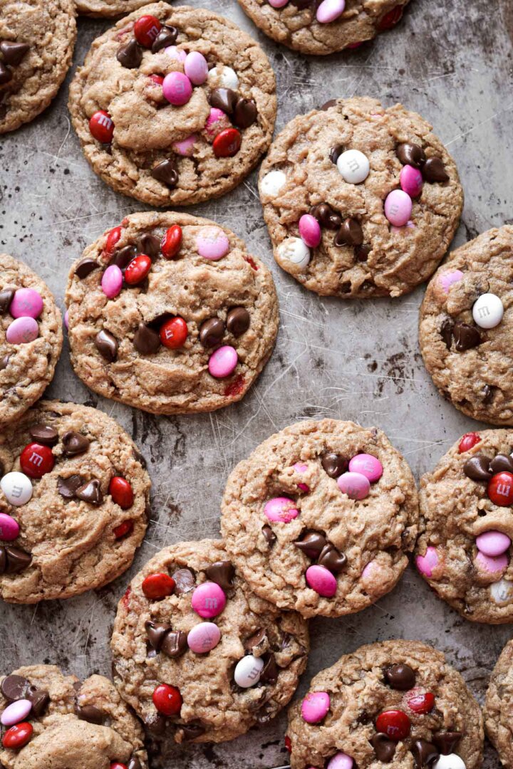 Monster cookies with pink, red and white m&ms for Valentine's Day.