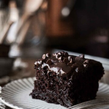 A piece of chocolate depression cake on a plate.