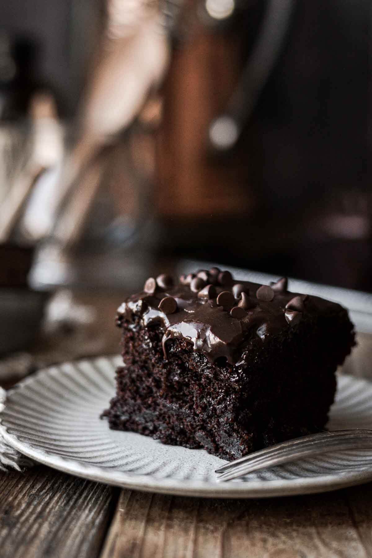 A piece of chocolate depression cake on a plate.