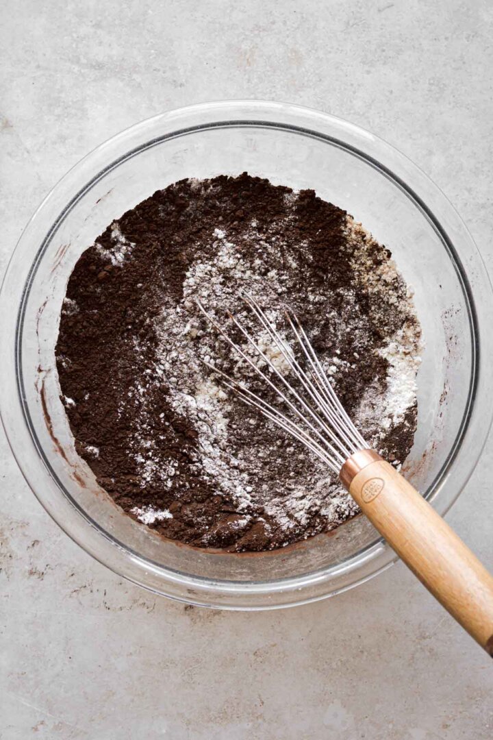 Step 2 for making a chocolate almond cake.