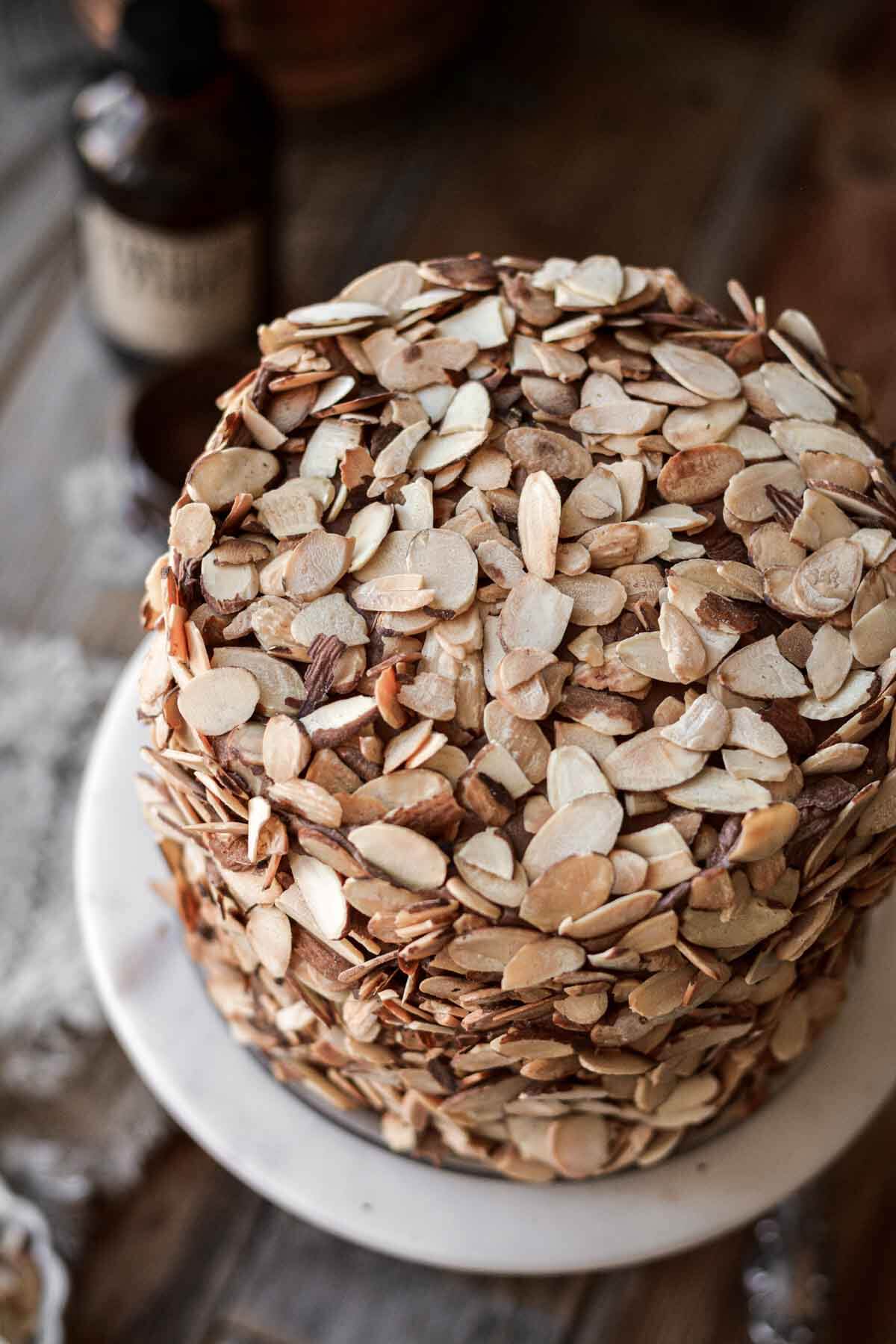 Toasted sliced almonds covering a chocolate almond cake.