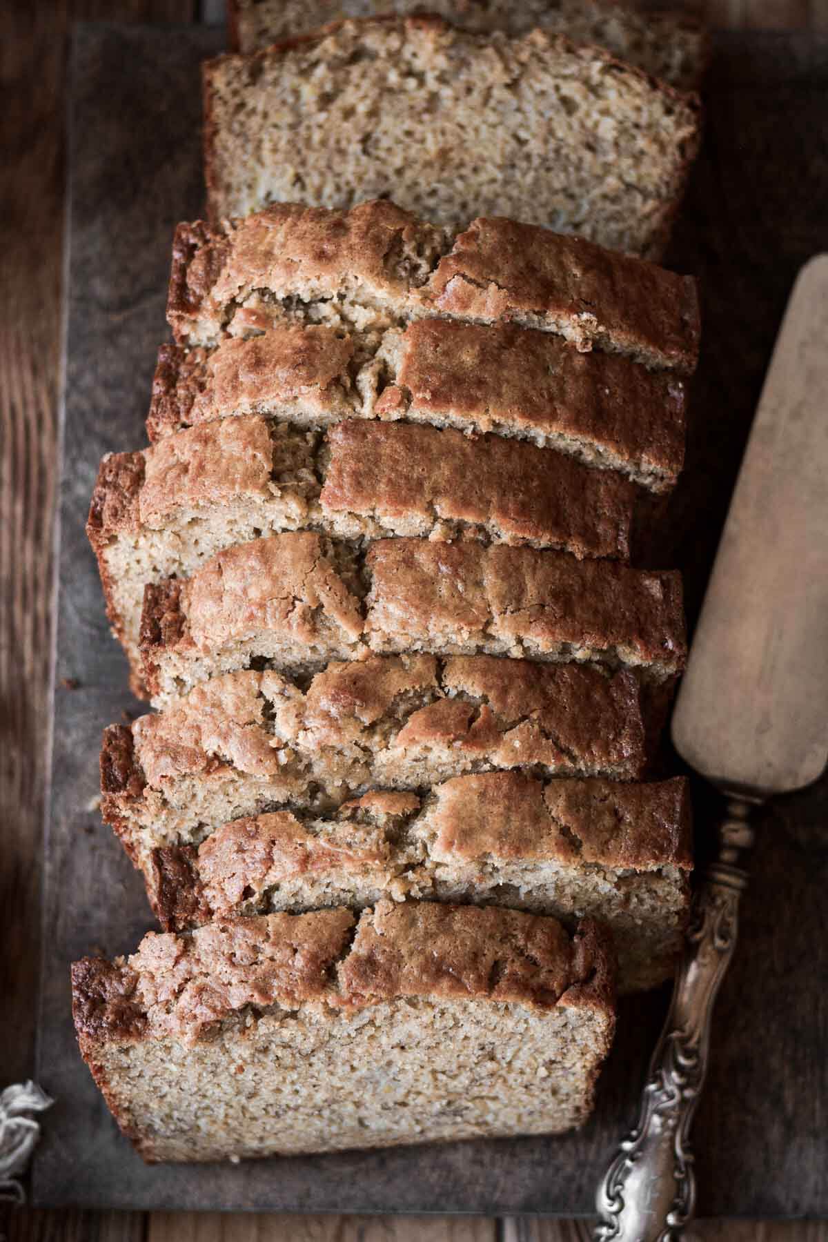Slices of banana bread on a cutting board.