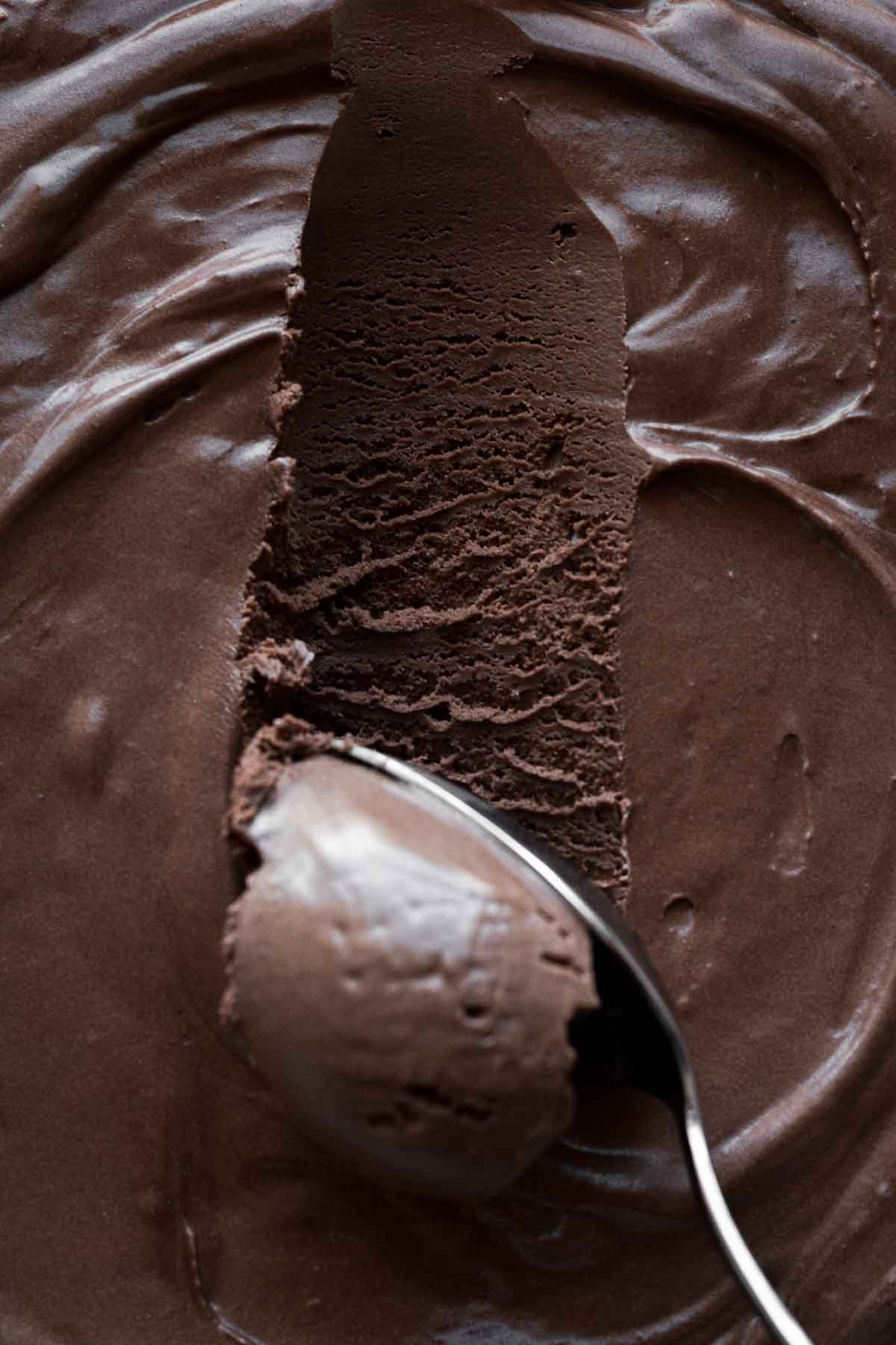 Spoonful of dark chocolate ice cream.