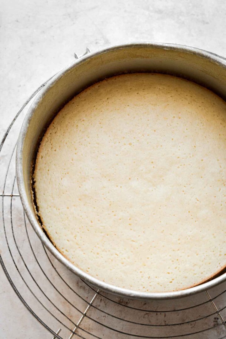 Lemon cake in a cake pan.