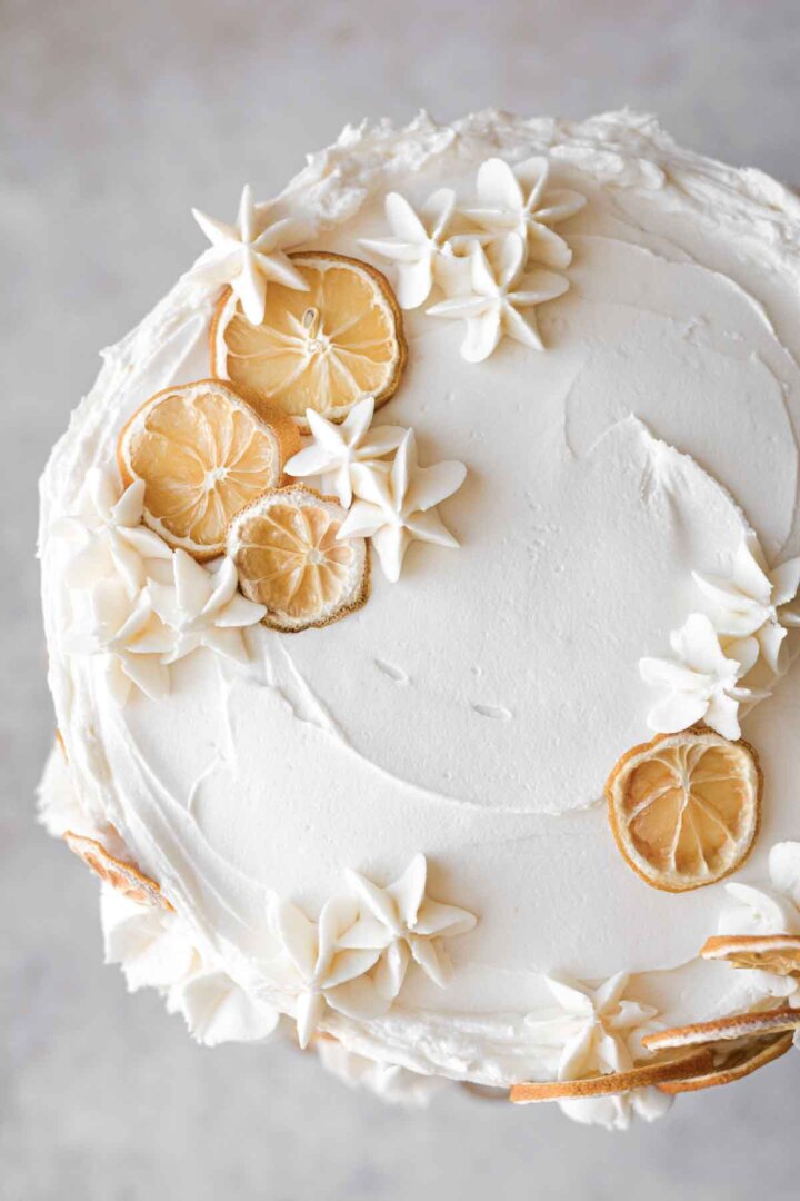 Dried lemon slices on a lemon cake.