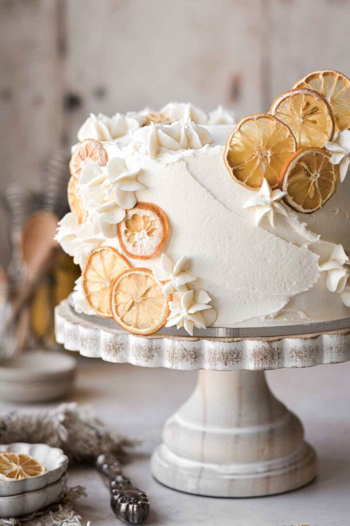 Lemon cake decorated with dried lemon slices.