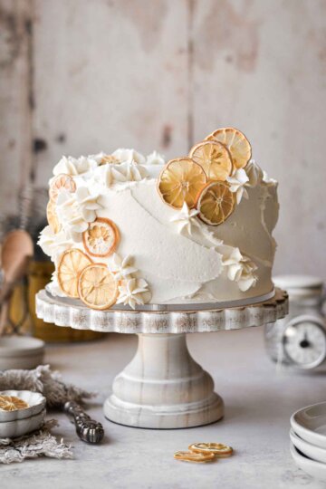 Lemon cake decorated with dried lemon slices.