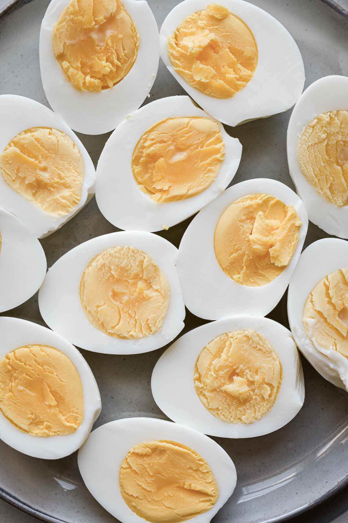 Hard boiled eggs cut in half.