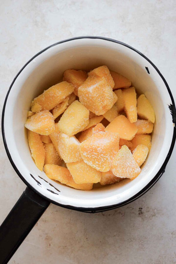 Step 1 for making mango puree.
