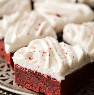 Red velvet bars with cream cheese frosting.