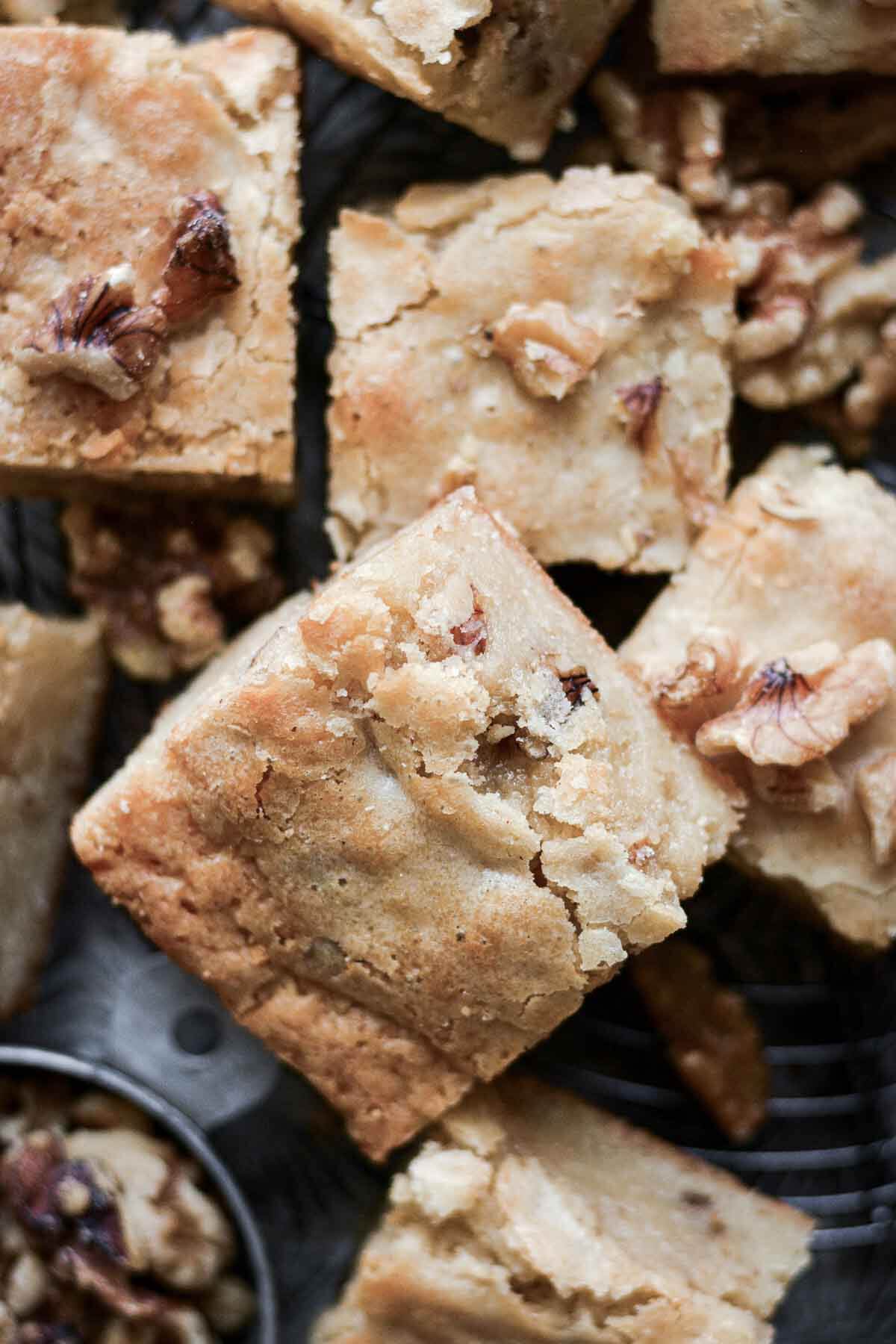 White chocolate brownies with walnuts.