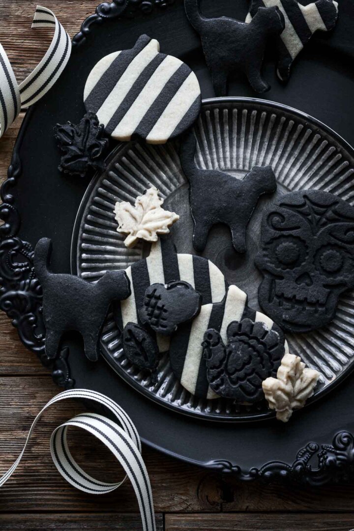 Halloween cookies made with black and white cookie dough.