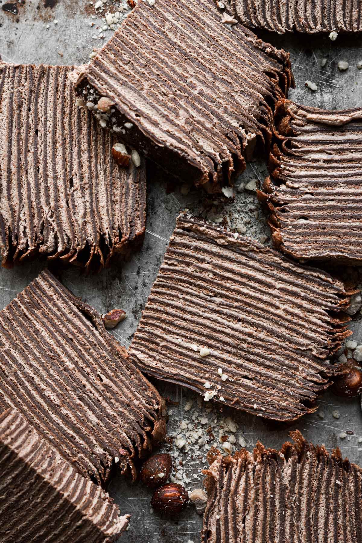 Slices of chocolate crepe cake.