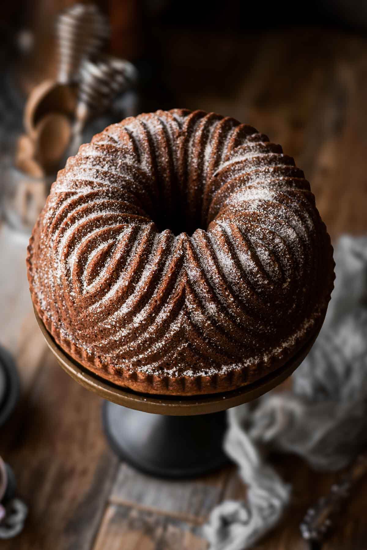 Pumpkin bread baked in a Bavarian bundt pan and dusted with sugar.