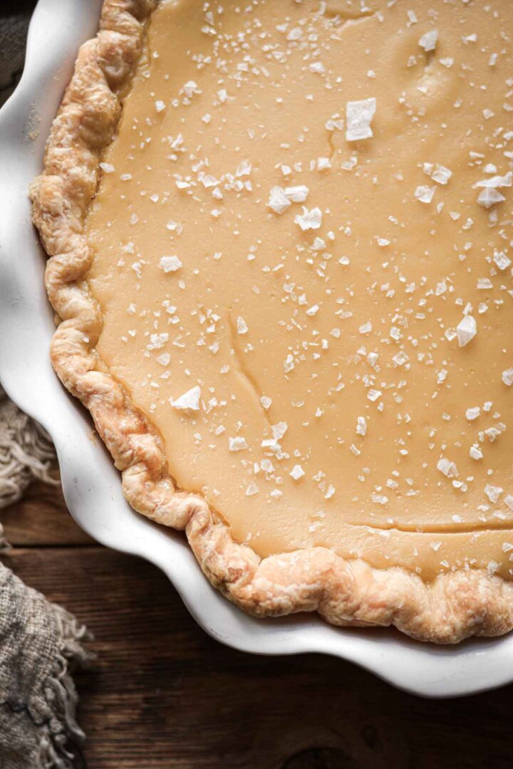 Honey custard pie with flaky salt on top.