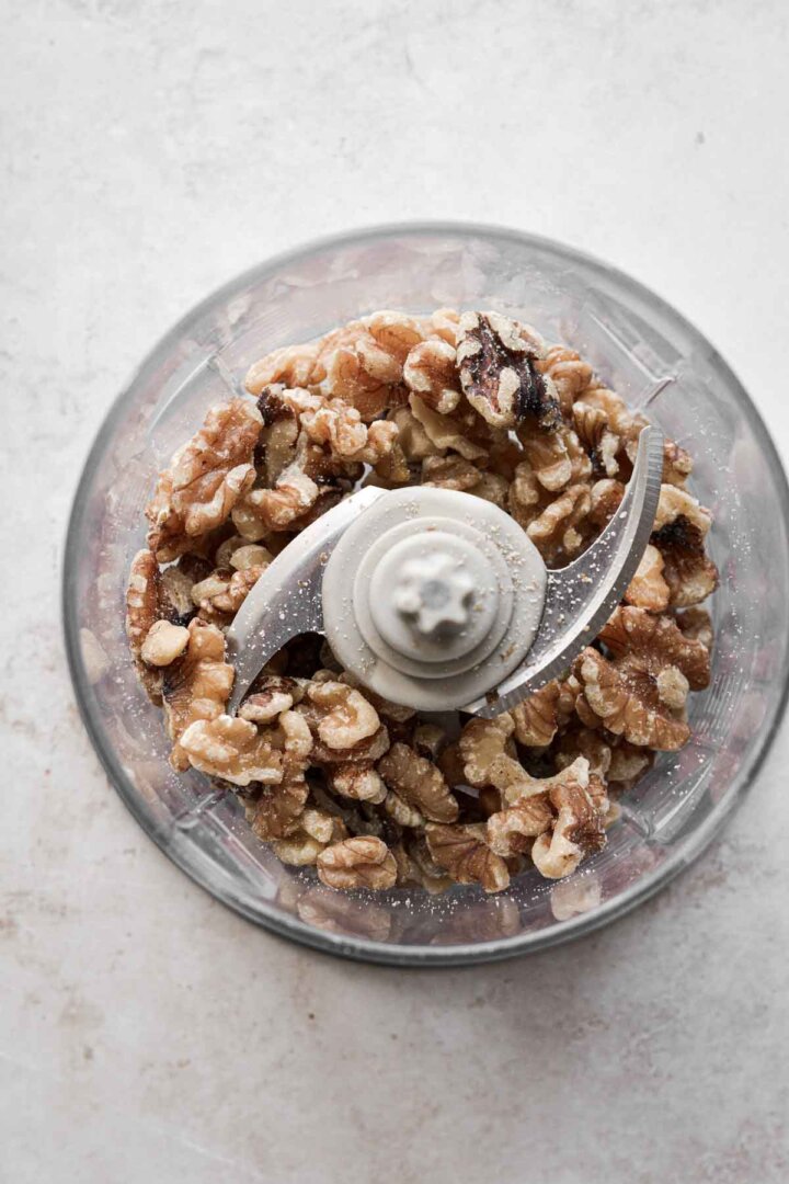 Step 1 for making walnut pancakes - grinding the walnuts.