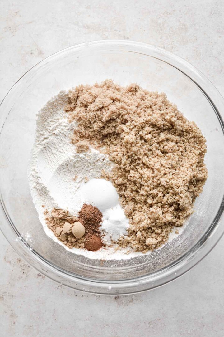 Step 3 for making walnut pancakes - mixing dry ingredients.