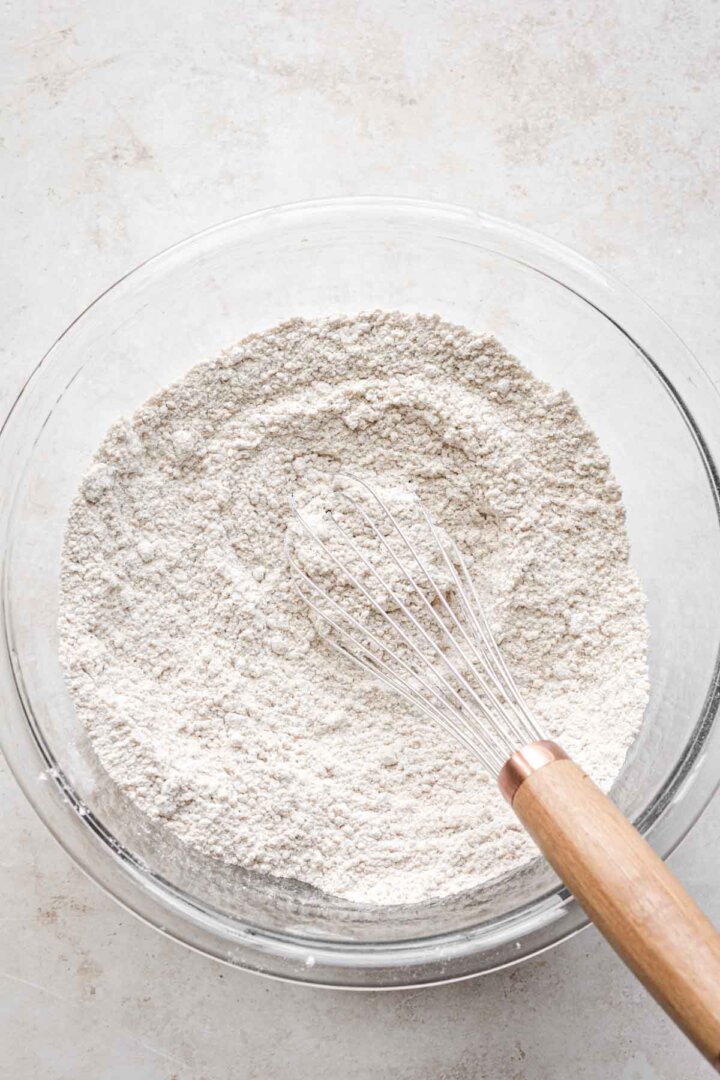 Step 4 for making walnut pancakes - mixing dry ingredients.