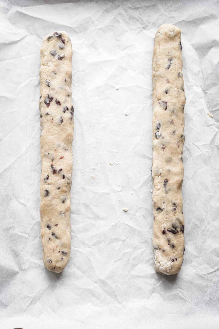 Step 6 for making cherry chocolate chip biscotti - shaping the dough.