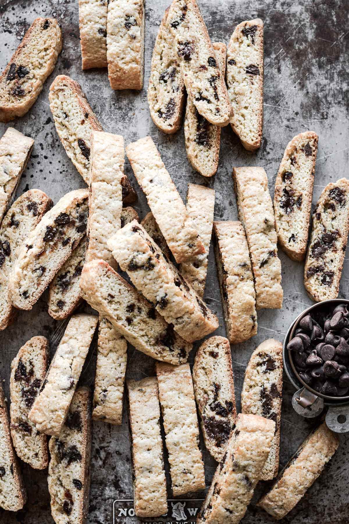 Cherry chocolate chip biscotti on a baking sheet.