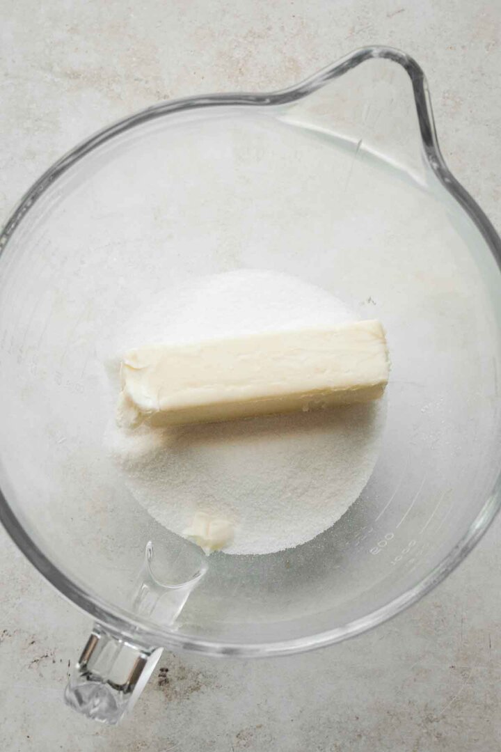 Step 1 for making chess pie - butter and sugar.