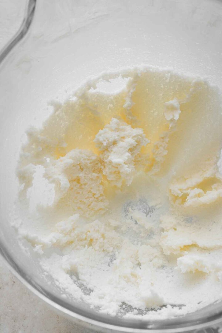 Step 2 for making chess pie - creaming the butter and sugar.