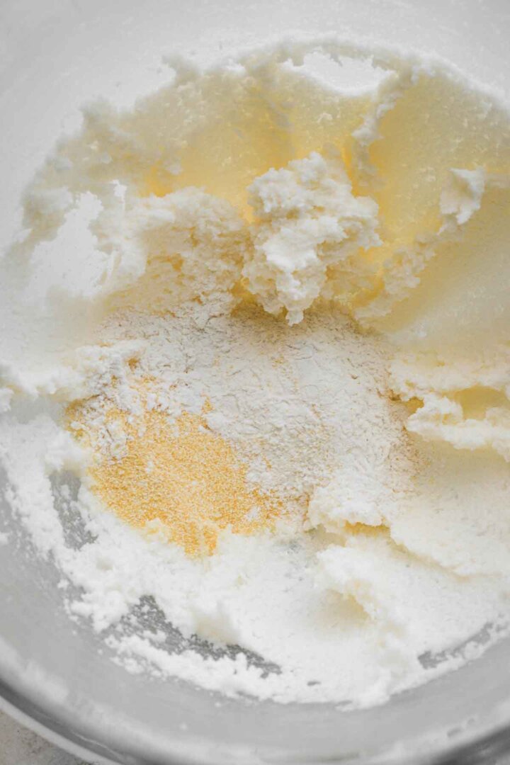 Step 3 for making chess pie - adding dry ingredients.