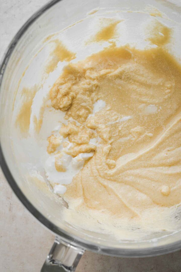 Step 5 for making chess pie - adding the cream.
