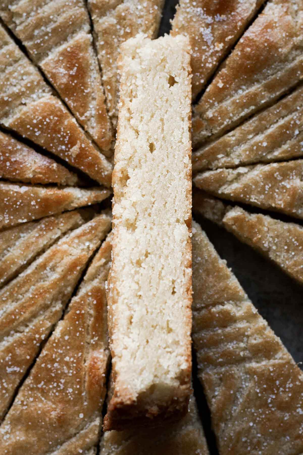 Dutch butter cake (boterkoek) cut into wedges.