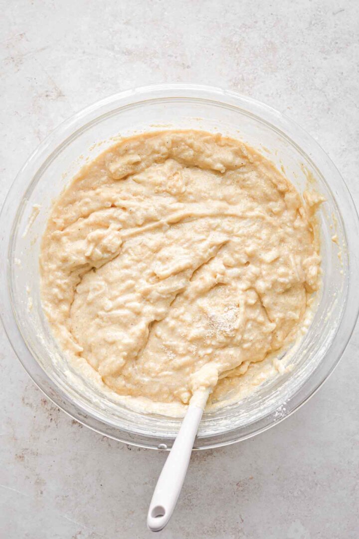 Step 4 for making apple cornbread crumb cake - mixing the batter.