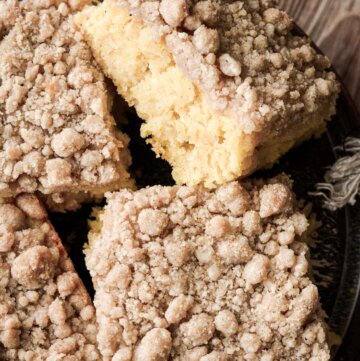 Squares of apple cornbread crumb cake.