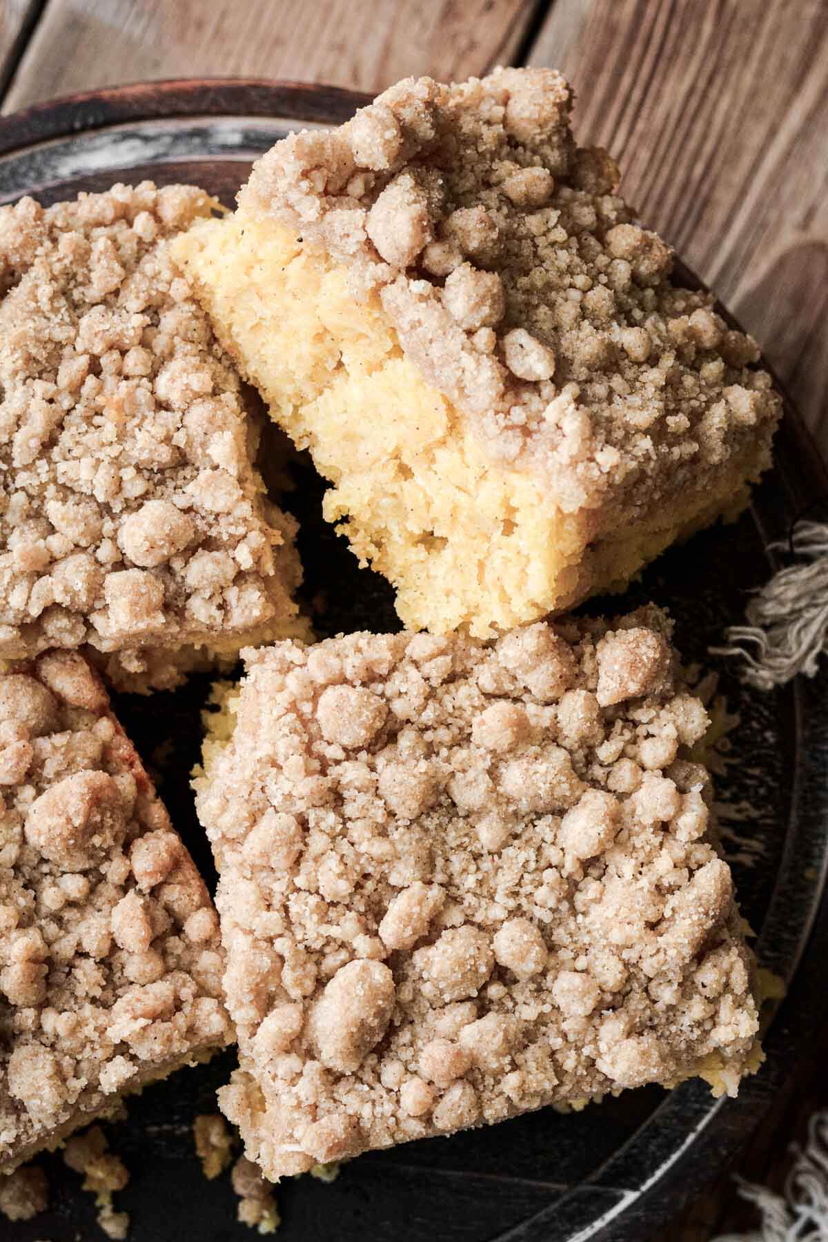 Squares of apple cornbread crumb cake.