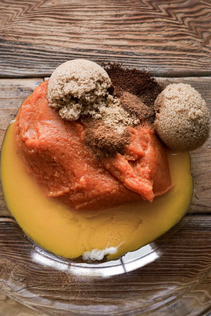 Step 4 for making pumpkin pie cookies - pumpkin filling ingredients.