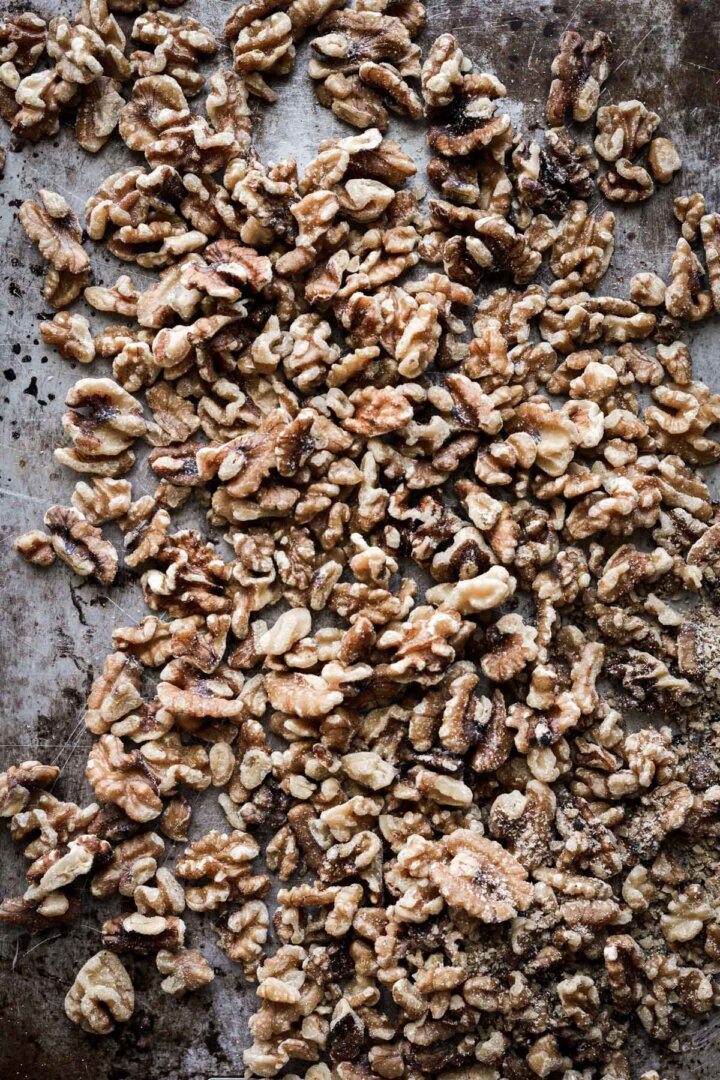 Walnuts on a baking sheet.