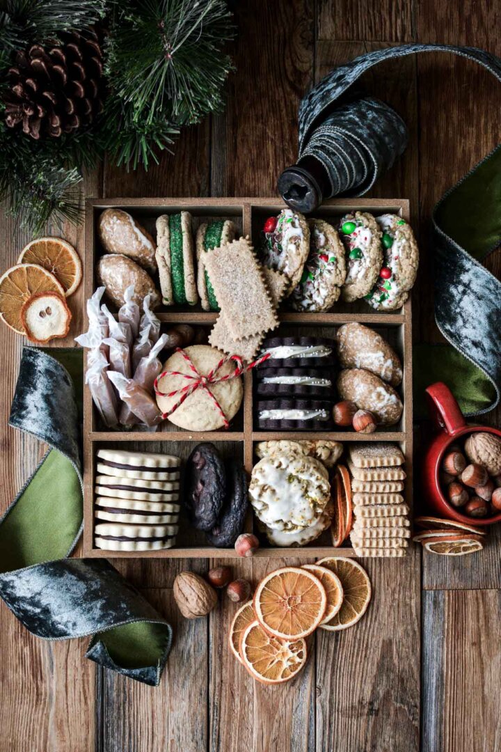 Box with assorted Christmas cookies.