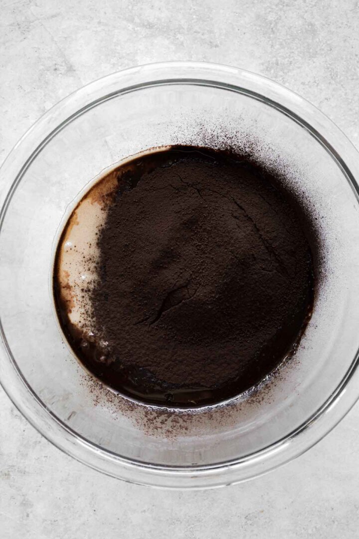 Step 1 for making chocolate peppermint ice cream - sweetened condensed milk and cocoa powder.