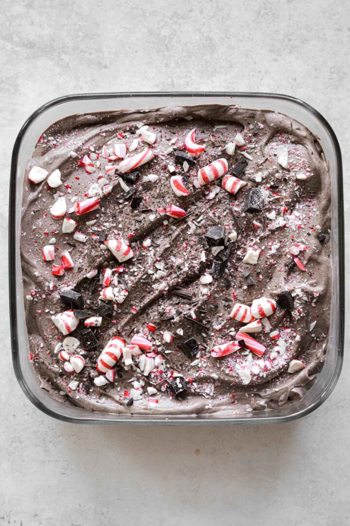 Chocolate peppermint ice cream sprinkled with crushed candy canes.