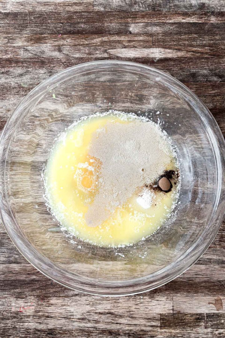 Step 1 for making stroopwafel dough - mixing liquid ingredients.