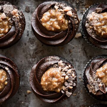 German chocolate cupcakes with chocolate buttercream, coconut caramel filling and toffee bits.
