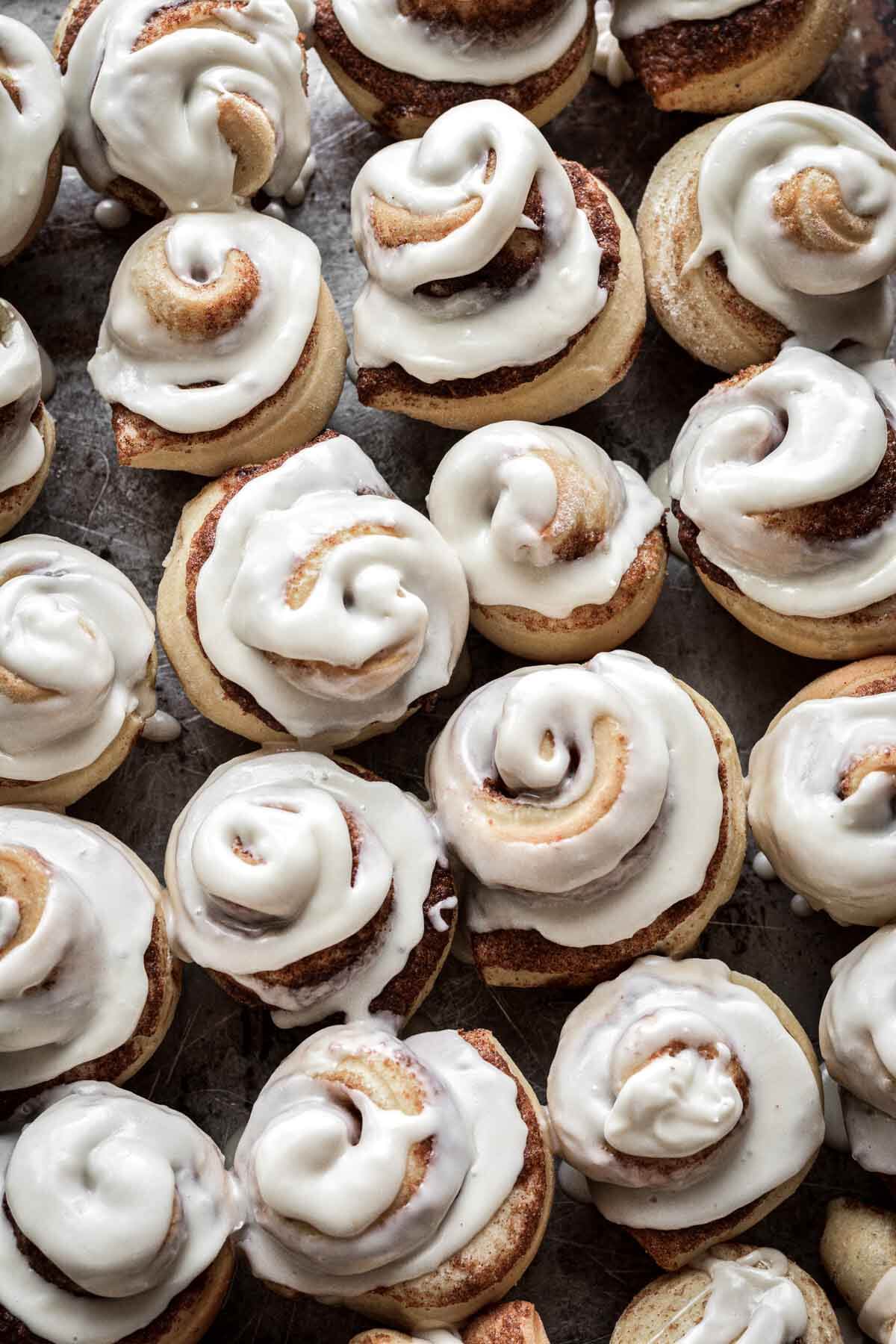 Mini cinnamon rolls with vanilla icing.