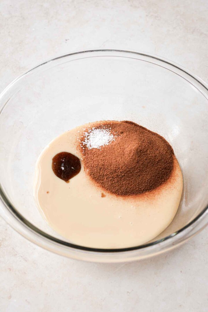 Step 1 for making coffee ice cream - mixing ingredients.