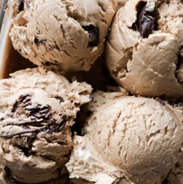 Scoops of coffee chocolate ripple ice cream.