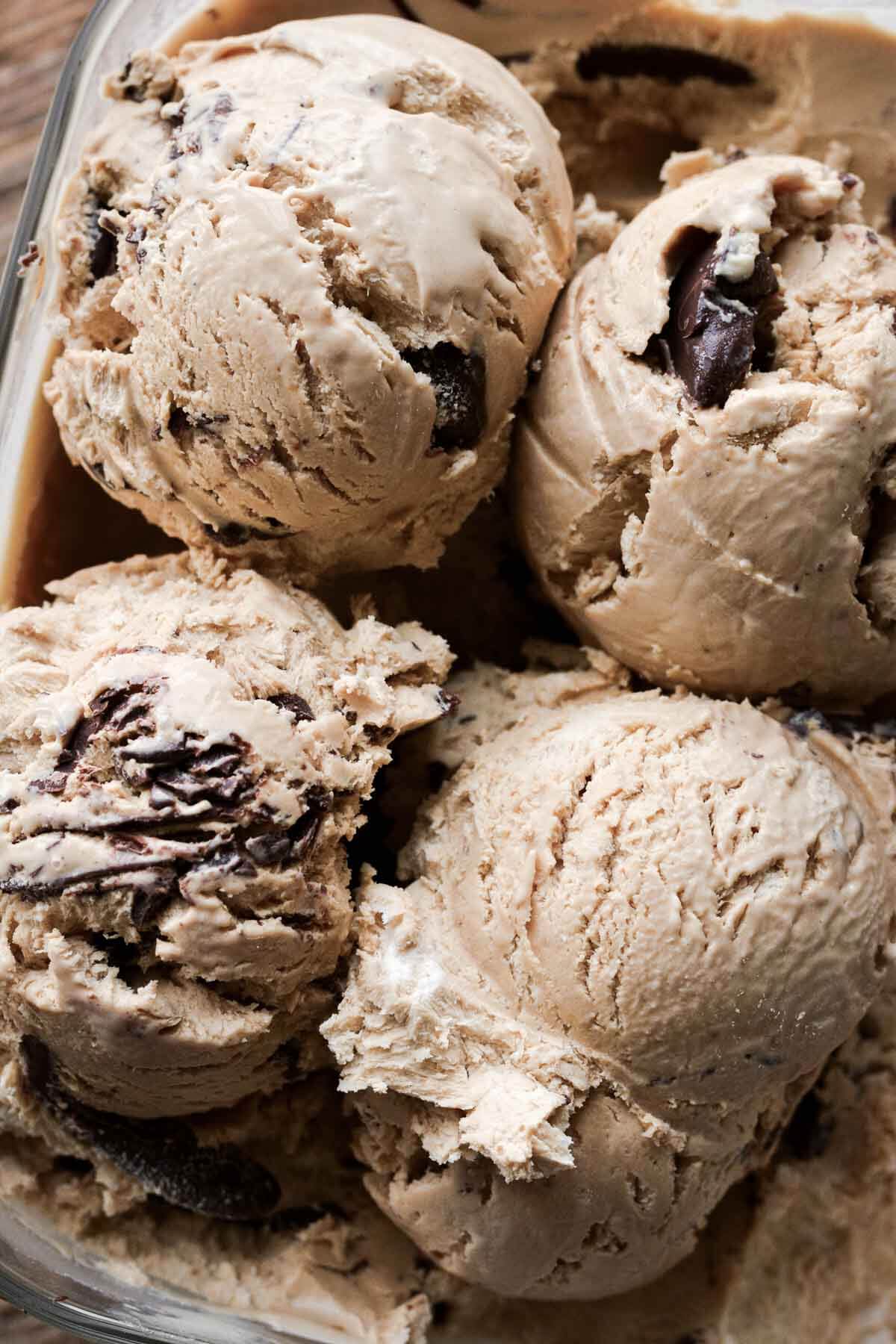Scoops of coffee chocolate ripple ice cream.